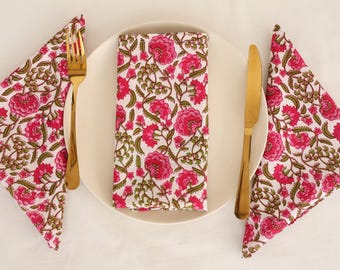 100 Pcs Pink Green  Floral Hand Block Printed Napkins Dining Table Napkins Cotton Cloth Wedding Napkins, Reusable Eco Friendly Party Napkins