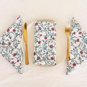 Red & Green Floral Hand Block Printed Cotton Napkins (Set of 100)