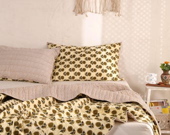 Hand Block Print Floral Quilt, Indian Cotton Bedspread, Yellow Boho Bedding, Reversible Kantha Quilt, Queen King Handmade Coverlet Bedspread