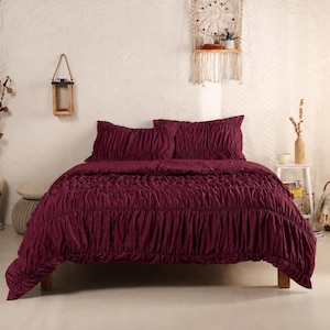 Burgundy Ruffle Duvet Cover Set, Wrinkle Bedding Set, Ruched Duvet Cover, Boho Bedding, Queen King Twin Full Size, Romantic Bedroom Decor