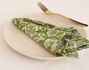 100Pcs Moss Green  Printed Napkin 100% Cotton Napkins  Hand Block Wedding Napkin Eco/Earth Friendly Reusable Napkins Table Cloth Napkins