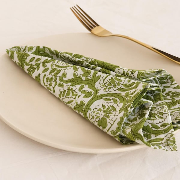 100Pcs Moss Green  Printed Napkin 100% Cotton Napkins  Hand Block Wedding Napkin Eco/Earth Friendly Reusable Napkins Table Cloth Napkins