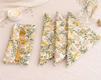 100Pcs Yellow Green Floral Hand Block Printed Napkins Dining Table Napkins Cotton Cloth Wedding Napkins, Reusable Eco Friendly Party Napkins
