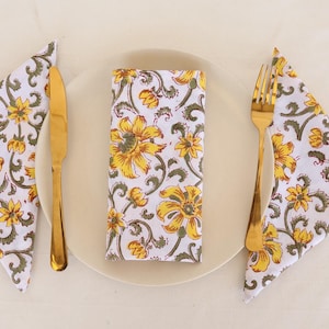 100Pcs Yellow Flower Printed Napkin 100% Cotton Napkins Hand Block Wedding Napkin Eco/Earth Friendly Reusable Napkins Table Cloth Napkins
