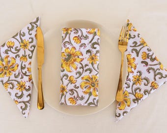 100Pcs Yellow Flower Printed Napkin 100% Cotton Napkins Hand Block Wedding Napkin Eco/Earth Friendly Reusable Napkins Table Cloth Napkins