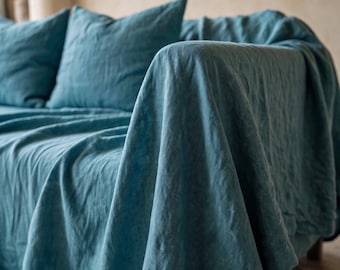 Turquoiseblauwe linnen bankhoes, zware linnen plaid voor op de bank, op maat gemaakte linnen hoes, wasbare bankbeschermer, rustieke boho kamerdecoratie