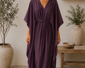 Plum Color Cotton Kaftan Dress Maxi Caftan for Women Boho Beach Cover Up | Minimalist Cotton Long Dress | V-Neck Resort Wear | Modest Tunic