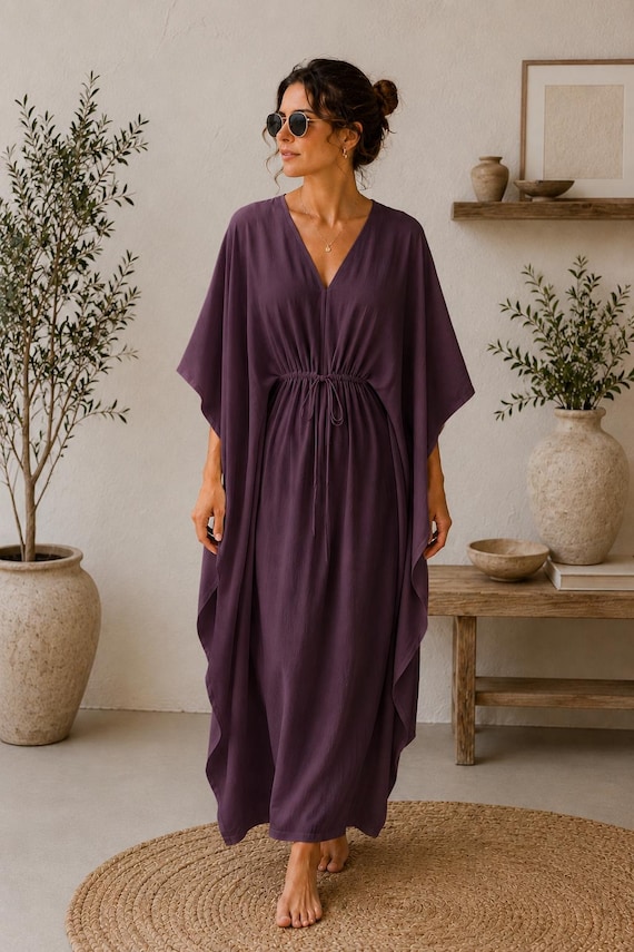 Plum Color Cotton Kaftan Dress Maxi Caftan for Women Boho Beach Cover Up | Minimalist Cotton Long Dress | V-Neck Resort Wear | Modest Tunic