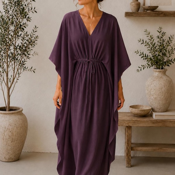 Sukienka kaftan z bawełny w kolorze śliwkowym, maxi, damska, boho, narzutka plażowa | Minimalistyczna, długa sukienka z bawełny | Sukienka z dekoltem w serek | Skromna tunika