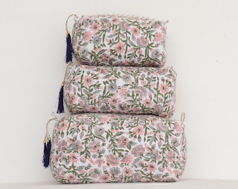 100 Design Quilted cosmetic bag - Block print bags - Set of 3 cosmetic pouches - Wash bags Toiletry bag colorful - Cosmetic bags for women