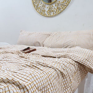 Check Linen Duvet Cover  Grey/White Buttons Cozy Check Bedding Sets Plaid Duvet Cover Set Soft Cotton Gingham Bedding Plaid Duvet Cover Set
