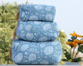 Set Of 3 Block Print Toiletry Bags, Cotton Makeup Bag Quilted Cosmetic Bag,Block Print Bag Floral Makeup Bag Women Makeup Bag -Free Shipping