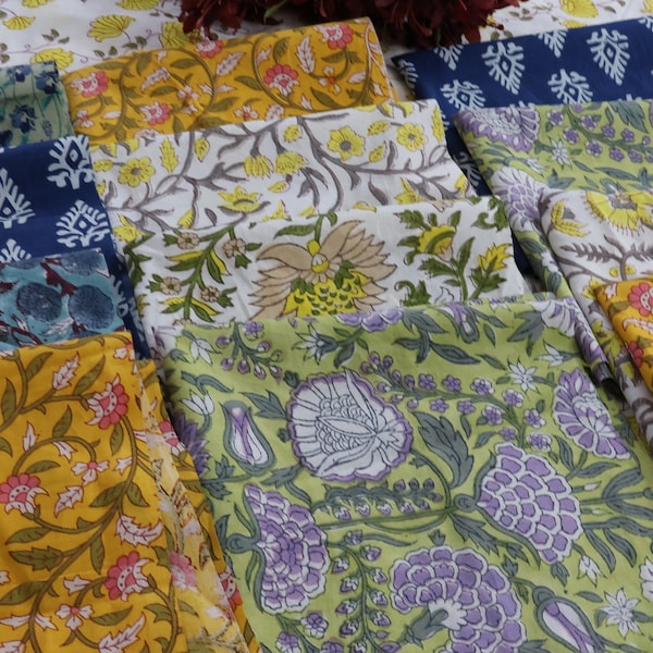 Indian Hand Block Printed Patches- Scrap Bundle- Fabric Scrap Cotton -Fabric Remnants -Flowers Fabric Scraps - Cotton Patches - Fat Quarters