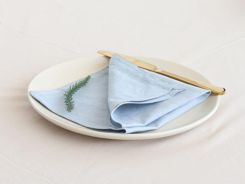 May include: A light blue linen napkin folded on a white plate with a gold knife on top. A small sprig of greenery is visible on the napkin.