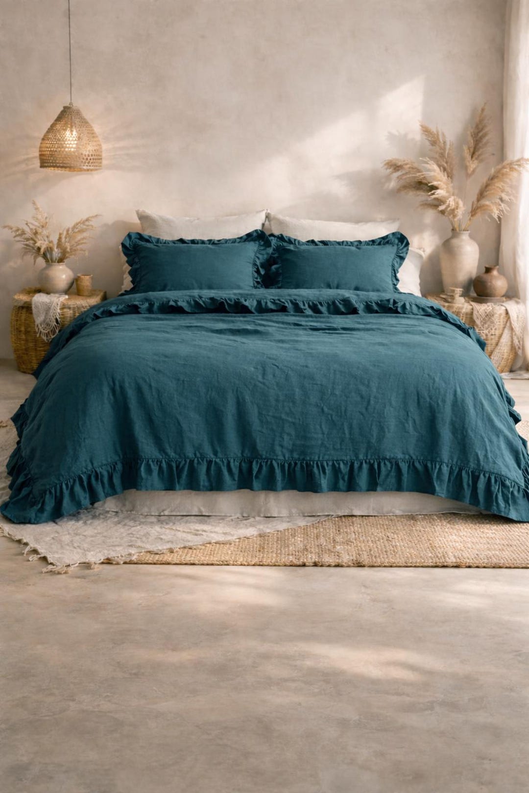 Teal Blue Color Ruffled 100% Linen Duvet Cover Set With Ruffles ...