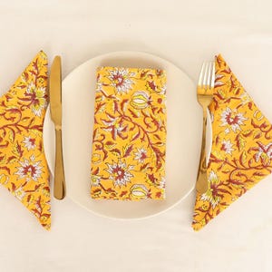 100 Pcs Yellow Red Printed Napkin 100% Cotton Napkins Hand Block Wedding Napkin Eco/Earth Friendly Reusable Napkins Table Cloth Boho Napkins