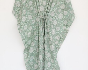Cotton Kaftan Indian Floral Kaftan Long Caftan Dress For Moms Beach Cover up Sleepwear Sage Green Kaftan Maxi Dress Bikini Cover Up Caftan