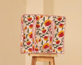 Boho Floral Quilted Tote Bag | Hand Block Print Cotton Carry Bag | Eco-Friendly Everyday Tote |  Quilted Block Print Shopping & Market Bag
