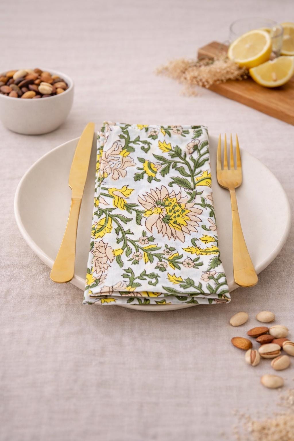 100pcs Yellow Green Floral Hand Block Printed Napkins Dining Table ...