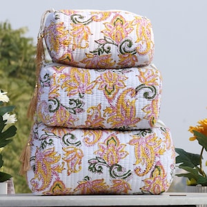 Set van 3 stuks handgemaakte gewatteerde katoenen make-uptasset, toilettas damestoilettas, blokgedrukte make-uptasset grote toilettas