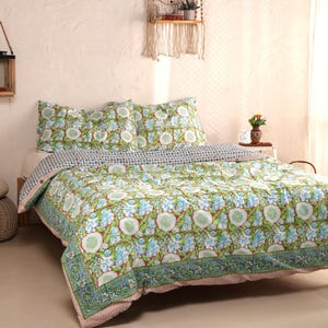 Ensemble housse de couette en lin bleu à imprimé floral - Literie indienne en lin imprimée à la main, couvre-lit bohème en coton, housse de couette réversible pour grand lit double