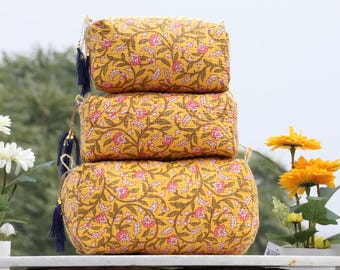 50 Design Set Of 3 Indian block Print Large Toiletry Bag, Colorful Make Up Bag Quilted Fabric Cosmetic Bag Toiletry Travel Pouch Travel Bag