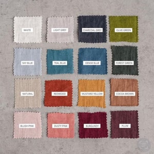 May include: Swatch card with 16 fabric samples in various colors, including white, light grey, charcoal grey, olive green, sky blue, teal blue, denim blue, forest green, natural, redwood, mustard yellow, cocoa brown, blush pink, dusty pink, burgundy, and plum.