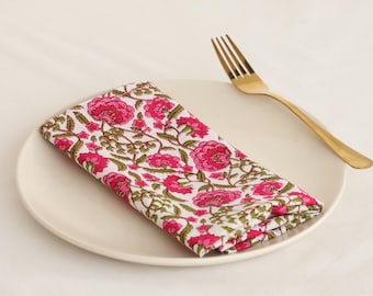 100 Pcs Pink Green  Floral Hand Block Printed Napkins Dining Table Napkins Cotton Cloth Wedding Napkins, Reusable Eco Friendly Party Napkins