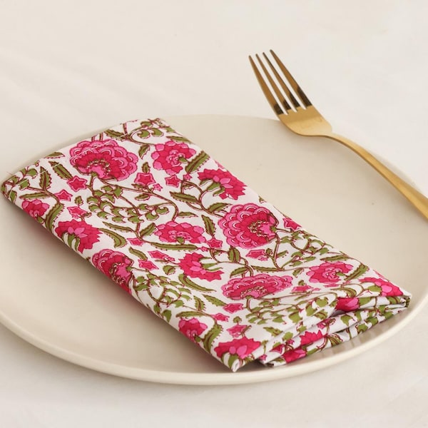 100 stuks roze groene bloemen hand blok bedrukte servetten eettafel servetten katoenen doek bruiloft servetten, herbruikbare milieuvriendelijke feestservetten