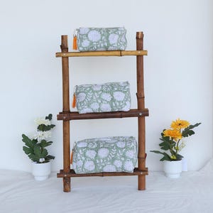 Borsa per il trucco trapuntata verde salvia, grande borsa da toilette con stampa a blocchi indiani, borsa per il trucco colorata, borsa cosmetica trapuntata, borsa da viaggio per il trucco
