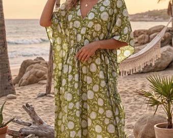 Caftan long Caftan indien en coton imprimé blocs, robe de plage bohème Vêtements de nuit pour future maman Caftan indien robe longue bikini Caftan couvrant