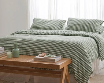 Linen duvet cover in Forest green gingham Checkered bedding. 100% linen quilt cover Duvet cover king queen Comforter cover Checkered bedding