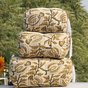 3Pcs Set Bridesmaid Floral  Print Makeup Cosmetic Bag Travel Organizer Quilted Cotton Toiletry Kit Hand Block Print Waterproof Lining Inside