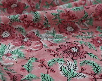 Block Print Floral Print Fabric, Fabric by the Yard- Quilting,Crafts, Sewing Leaf Flower Floral Print Cotton Fabric, Soft Voile Flower Print