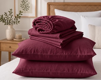 Ensemble de draps 4 pièces en lin bordeaux, pur lin lavé, comprenant un drap-housse doux, un drap plat et 2 taies d'oreiller. Tailles disponibles : King, Queen, Full et Twin.