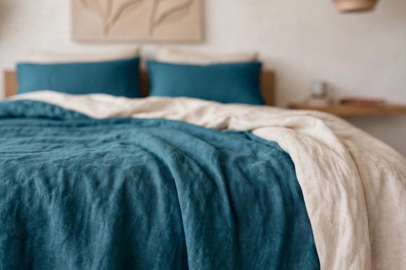 Teal Blue Linen Duvet Cover, Deep Teal Bedding Set, Natural Ivory ...