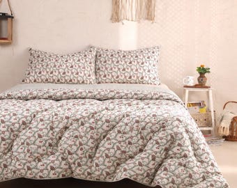 Hand Block Print Cotton Quilt Floral Indian Kantha Bedspread Cozy Lightweight Bedding, Boho Floral Quilt, Reversible Summer Quilt All Season