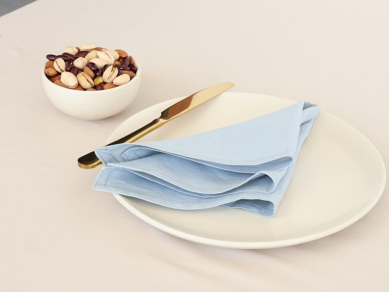 May include: A white ceramic bowl filled with mixed nuts and a light blue linen napkin folded on a white plate with a gold knife.