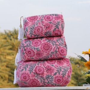 3er Set Gesteppte Make-up-Tasche & Organizer Baumwoll-Kulturbeutel, Valentinstagsgeschenk für sie, Reisetasche, Block-Print-Kosmetikbeutel, Accessoires