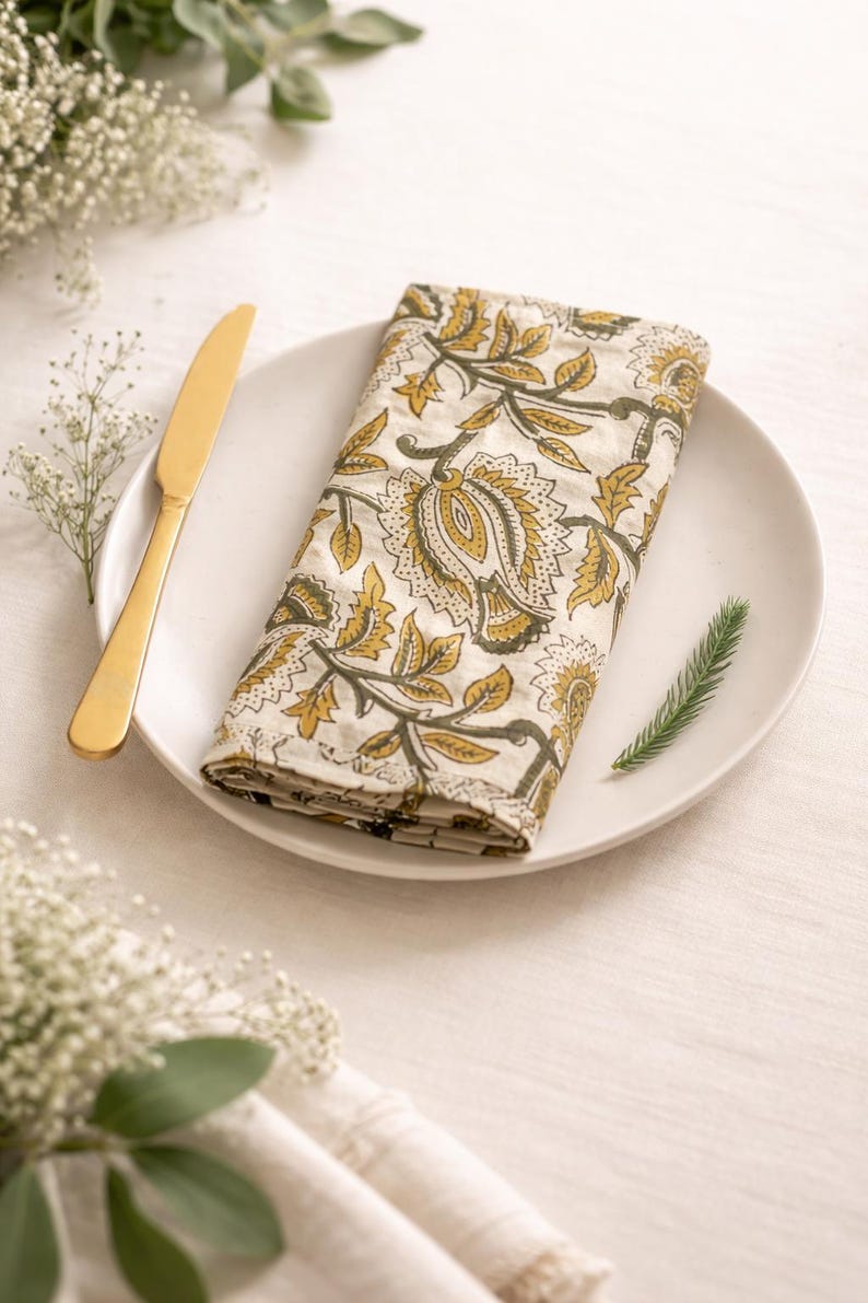 100 Yellow Green Printed Napkin 100% Cotton Napkins Hand Block Wedding ...