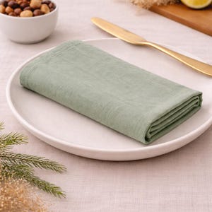 May include: A folded sage green linen napkin rests on a white ceramic plate. A gold butter knife is placed to the right of the plate. A small bowl of nuts and lemon slices are in the background, suggesting a dining setting.