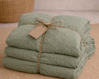 Stonewashed Linen Bedding Set in Sage Green 3 Piece Set in King, Queen, Twin, Full, Double sizes. bedding set 2 Pillowcases Duvet Cover