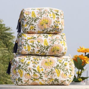 Set di 3 borse per il trucco trapuntate e organizer, beauty case in cotone, regalo di San Valentino per lei, borsa da viaggio, pochette per cosmetici con stampa a blocchi, accessori