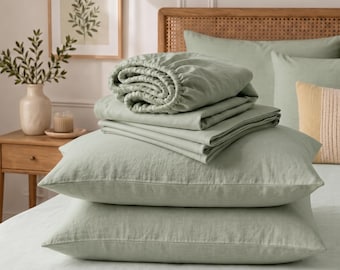 4 Pcs 100% Organic Linen Sheet Set: Fitted or Flat with Deep Pocket, Certified Pure Bedding Linen Bedding Set, Flat Sheet Pillowcase Set