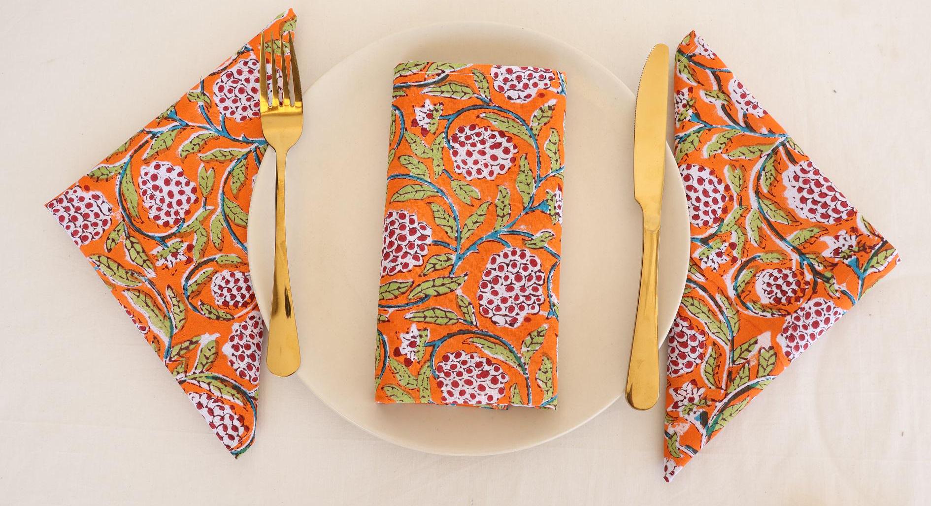 100Pcs Rust Orange Printed Napkin 100% Cotton Napkins Hand Block Wedding Napkin Eco/Earth Friendly Reusable Napkins Table Cloth Boho Napkins