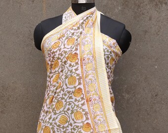 Indian Hand Block Print Sarong for Women Beach Wear Cover Ups, Cotton Printed scarves, Flower Print Pareo, Cotton Boho Scarf, Gift for her