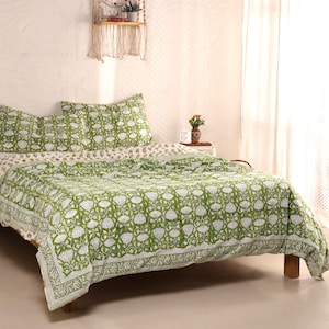 Ensemble housse de couette floral vert à imprimé blocs de main, literie en coton, couvre-lit bohème, king size, housse de couette réversible à imprimé fleurs avec couvre-oreillers