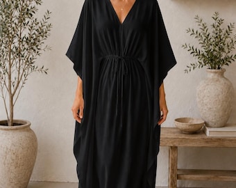 Zwarte katoenen kaftanjurk maxi kaftan voor dames boho strandkleed | Minimalistische katoenen lange jurk | Resortkleding met V-hals | Bescheiden tuniek