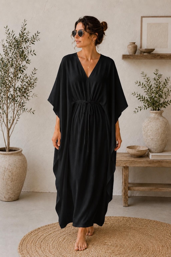 womens black cotton dress Color Kaftan Maxi Caftan for Women Boho Beach Cover up | Minimalist Cotton Long Dress | V-neck Resort Wear | Modest Tunic Color:emerald