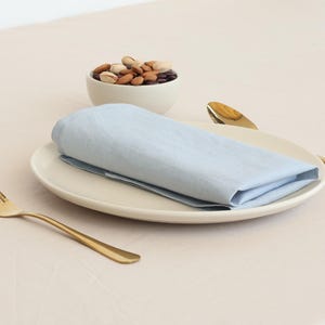 May include: A light blue linen napkin folded on a white plate with a bowl of nuts and two gold utensils.